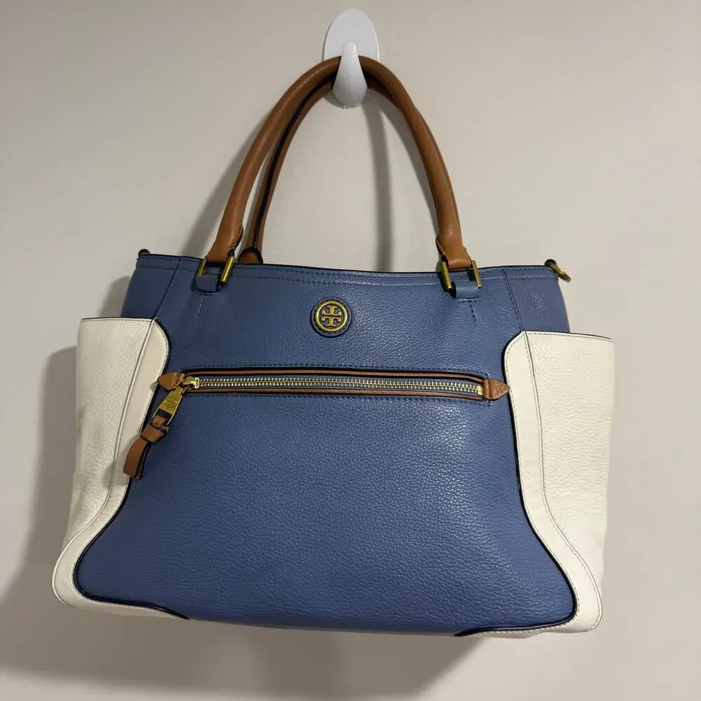 Tory Burch Frances Satchel Pebbled Leather Blue White Brown Colorblock Tote